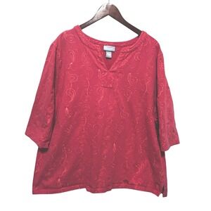 Liz &Me Womens Artsy Paisley Tunic Top 2X Coral Boho Embroidered Mature‎ Office